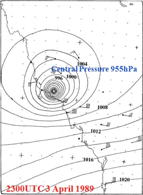 Cyclone Aivu - mean sea level analysis 9am 4 April 1989